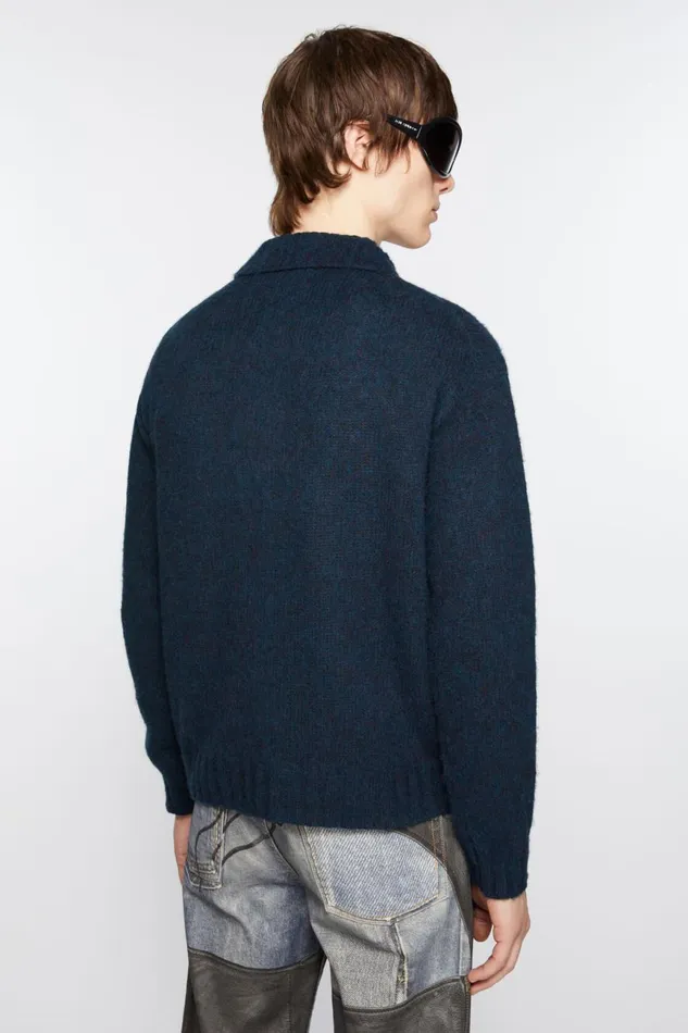 Men Polo Wool Cardigan Deep Blue Melange Acne Studios Knitwear