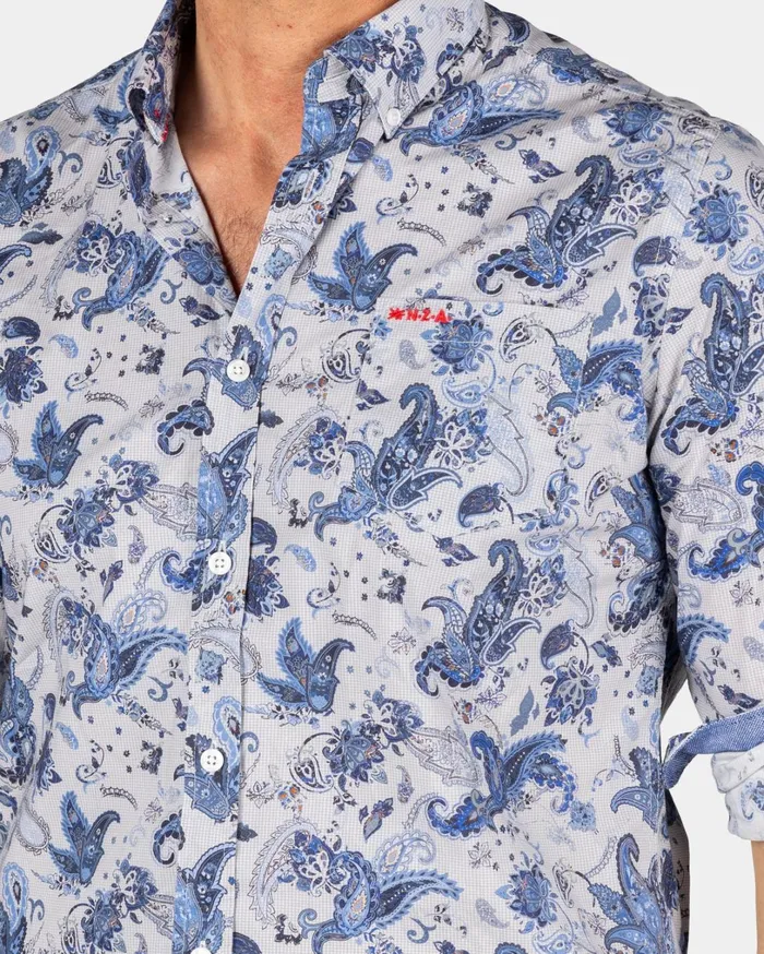 Men Shirts NZA New Zealand Auckland Gray Shirt With Blue Leaf Print 8211 Brave Blue Men Shirts NZA New Zealand Auckland Gray Shirt With Blue Leaf Print 8211 Brave Blue