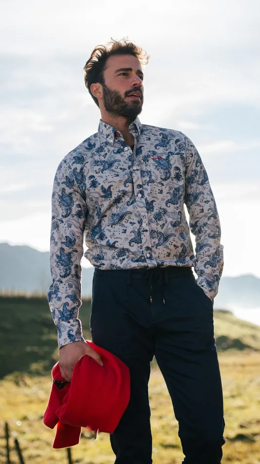 Men Shirts NZA New Zealand Auckland Gray Shirt With Blue Leaf Print 8211 Brave Blue Men Shirts NZA New Zealand Auckland Gray Shirt With Blue Leaf Print 8211 Brave Blue