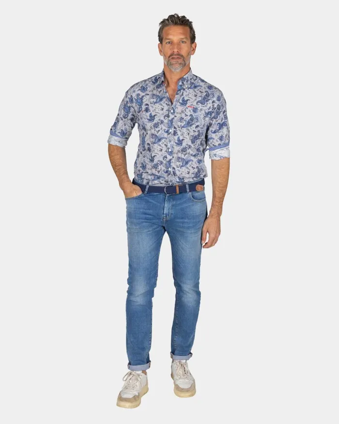 Men Shirts NZA New Zealand Auckland Gray Shirt With Blue Leaf Print 8211 Brave Blue Men Shirts NZA New Zealand Auckland Gray Shirt With Blue Leaf Print 8211 Brave Blue