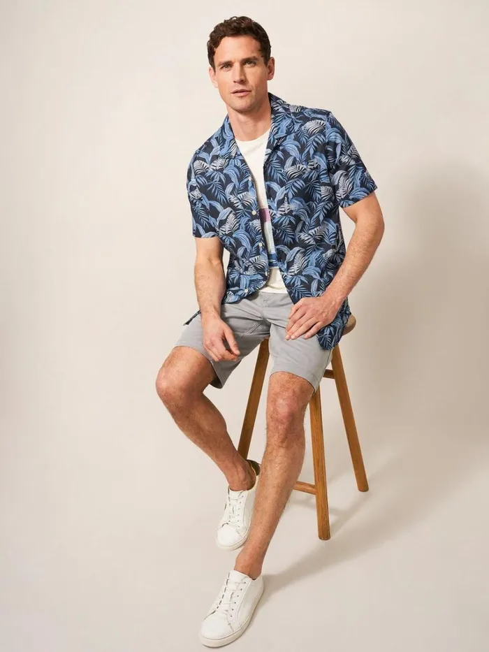 Men SHIRTS White Stuff Palm Leaf Printed SS Shirt Dark Navy