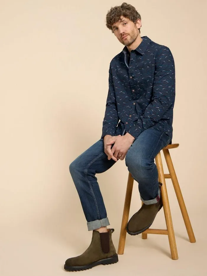 Men SHIRTS White Stuff Shoal Printed LS Shirt Navy Print