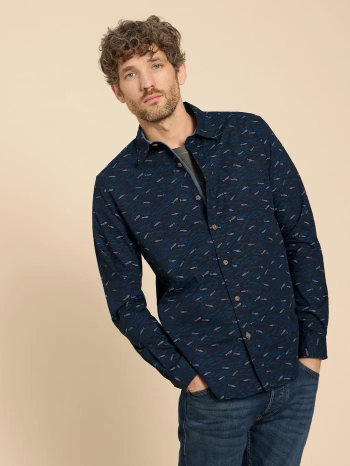 Men SHIRTS White Stuff Shoal Printed LS Shirt Navy Print Men SHIRTS White Stuff Shoal Printed LS Shirt Navy Print