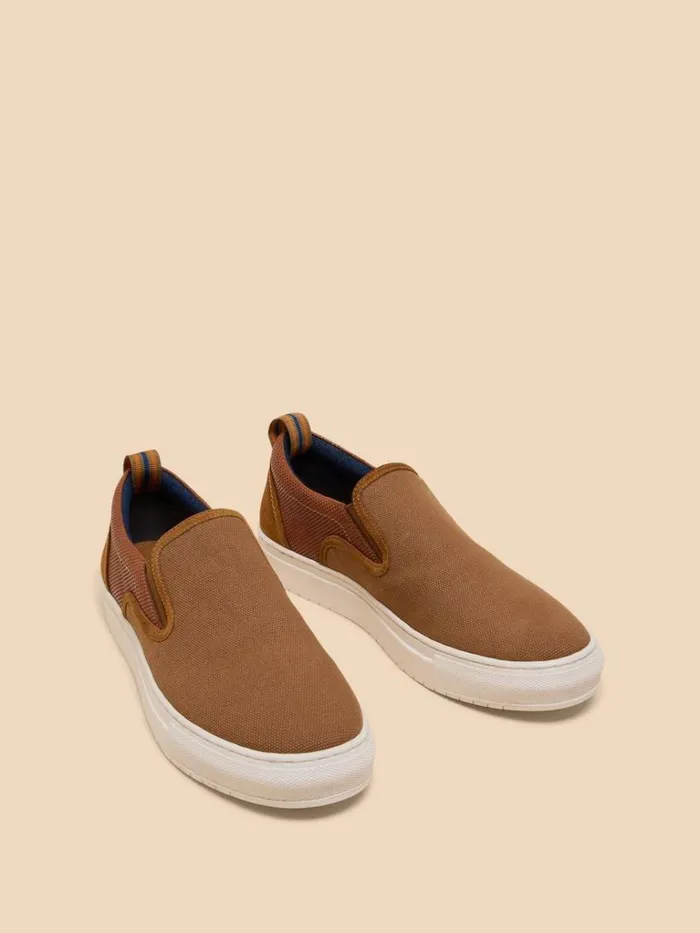 Men SHOES White Stuff Canvas Leather Mix Slip On Mid Tan