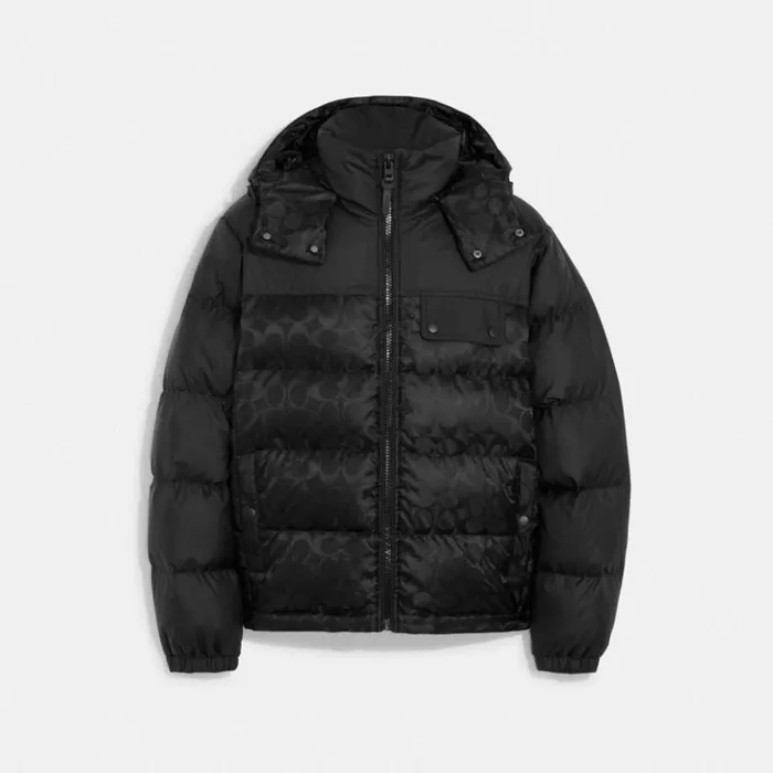 Men Signature Hooded Puffer Jacket Black Coach Jackets and Outerwear