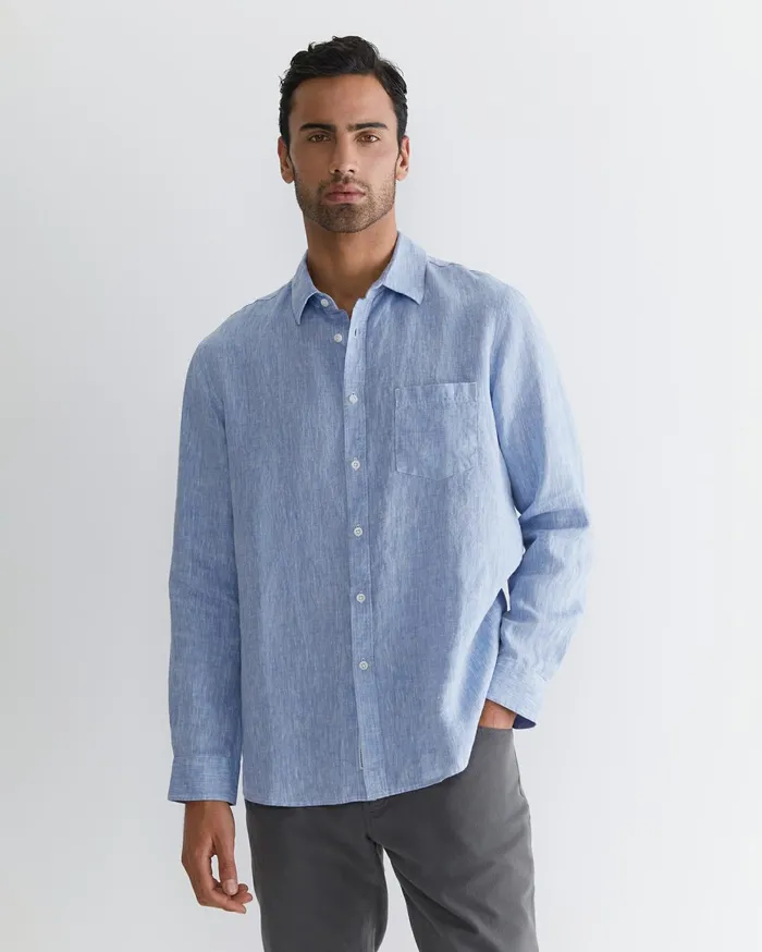Men Sportscraft Shirts Long Sleeve Linen Shirt Chambray