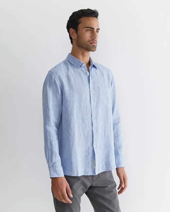 Men Sportscraft Shirts Long Sleeve Linen Shirt Chambray