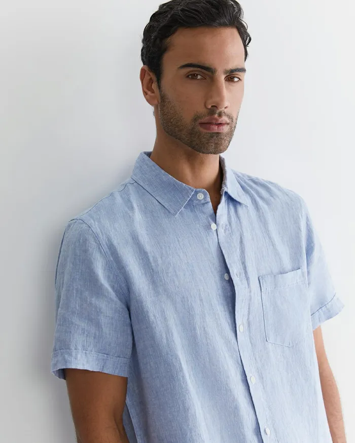 Men Sportscraft Shirts Short Sleeve Linen Shirt Chambray