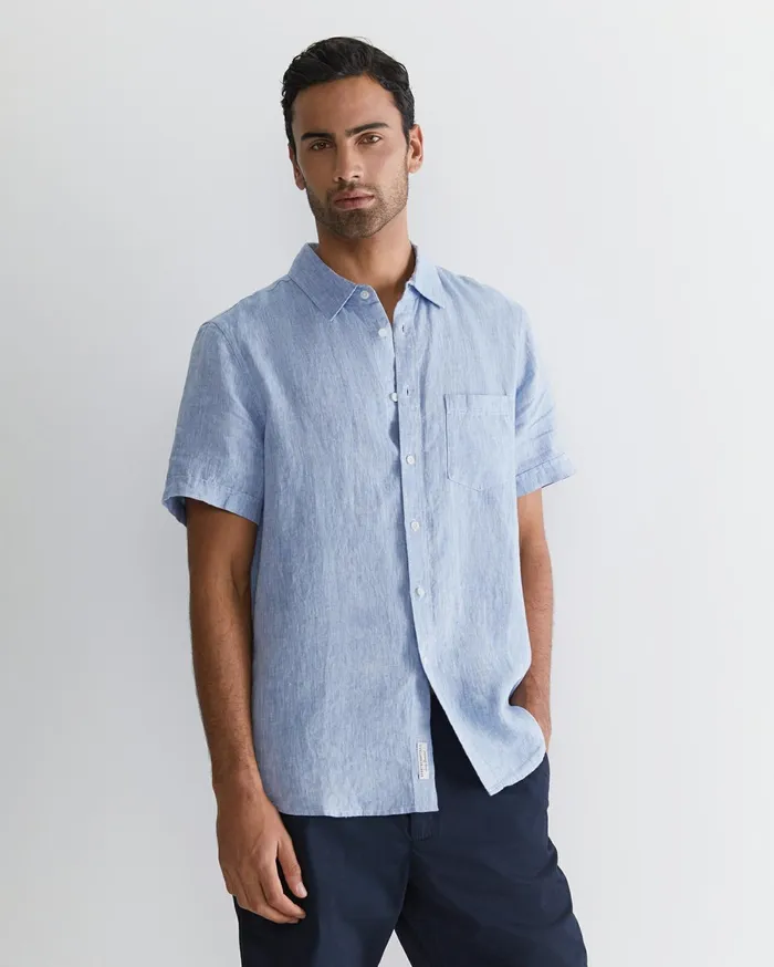 Men Sportscraft Shirts Short Sleeve Linen Shirt Chambray