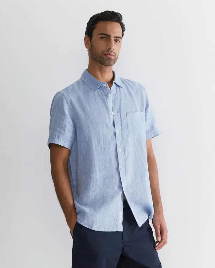 Men Sportscraft Shirts Short Sleeve Linen Shirt Chambray