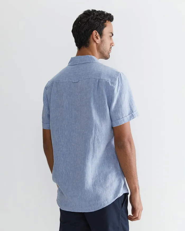 Men Sportscraft Shirts Short Sleeve Linen Shirt Chambray