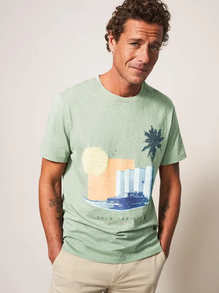 Men TSHIRTS White Stuff Palm Springs Graphic Tee Dusty Green Men TSHIRTS White Stuff Palm Springs Graphic Tee Dusty Green