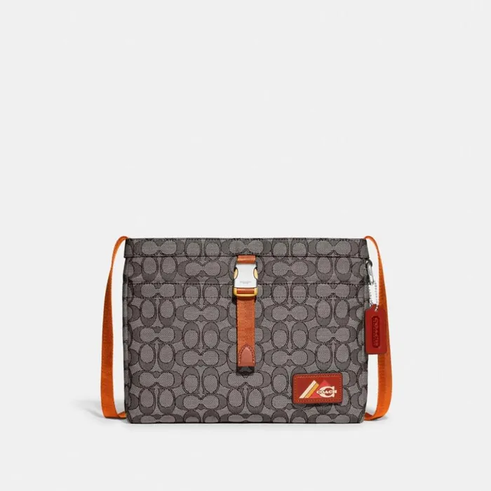 Men Utility Slim Messenger In Signature Jacquard Oak Coach Messenger and Crossbody