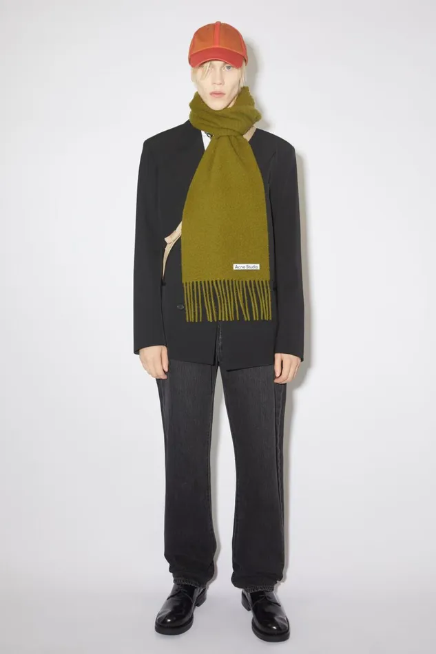 Men Wool Fringe Scarf Olive Green Acne Studios Scarves