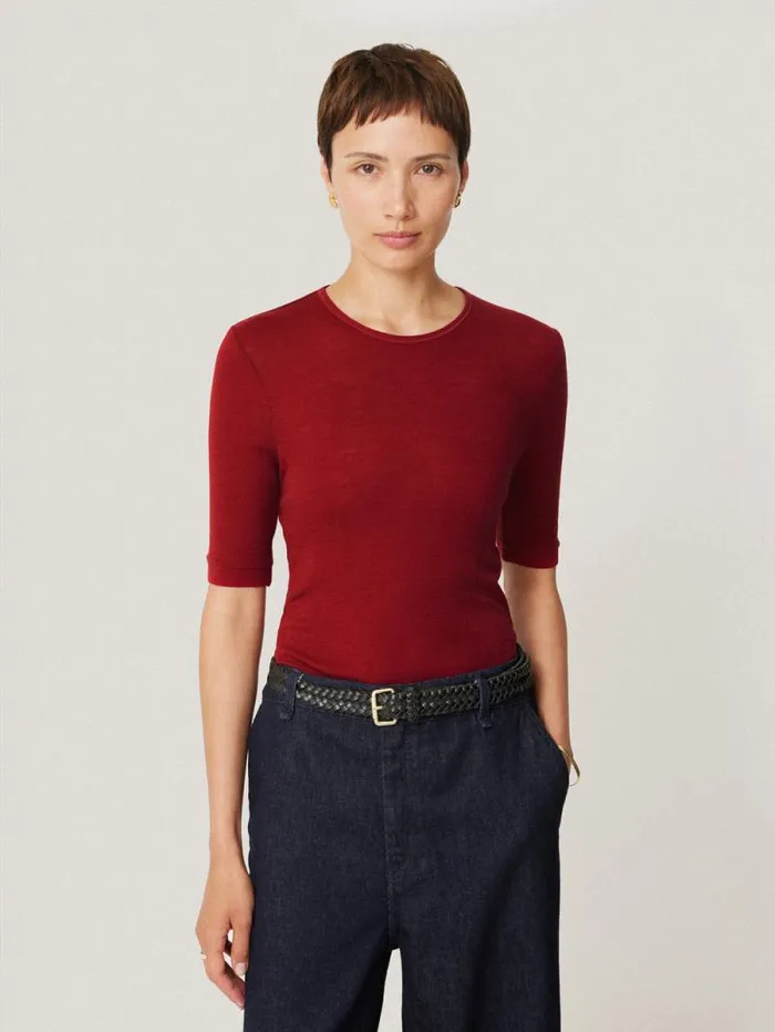 Merino Half Sleeve Tshirt Red Women Jigsaw Knitwear and Cashmere