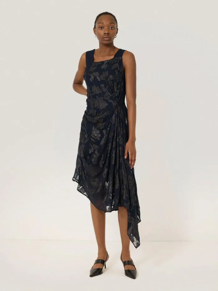 Metallic Jacquard Drape Dress Navy Women Jigsaw Party