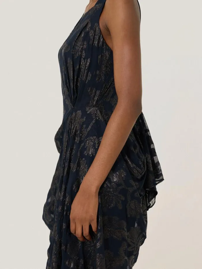 Metallic Jacquard Drape Dress Navy Women Jigsaw Party