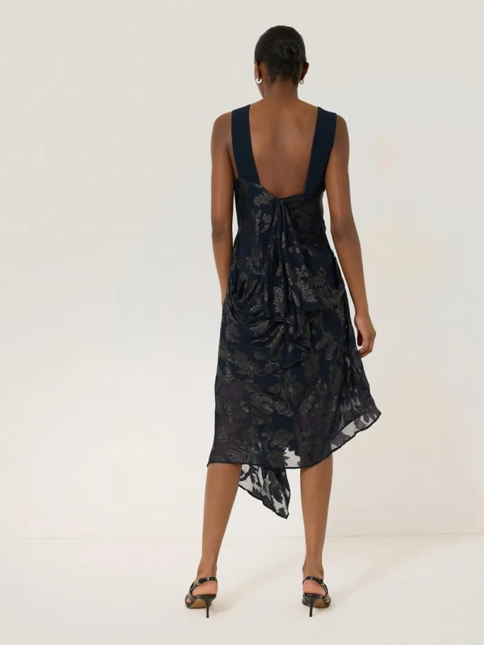 Metallic Jacquard Drape Dress Navy Women Jigsaw Party