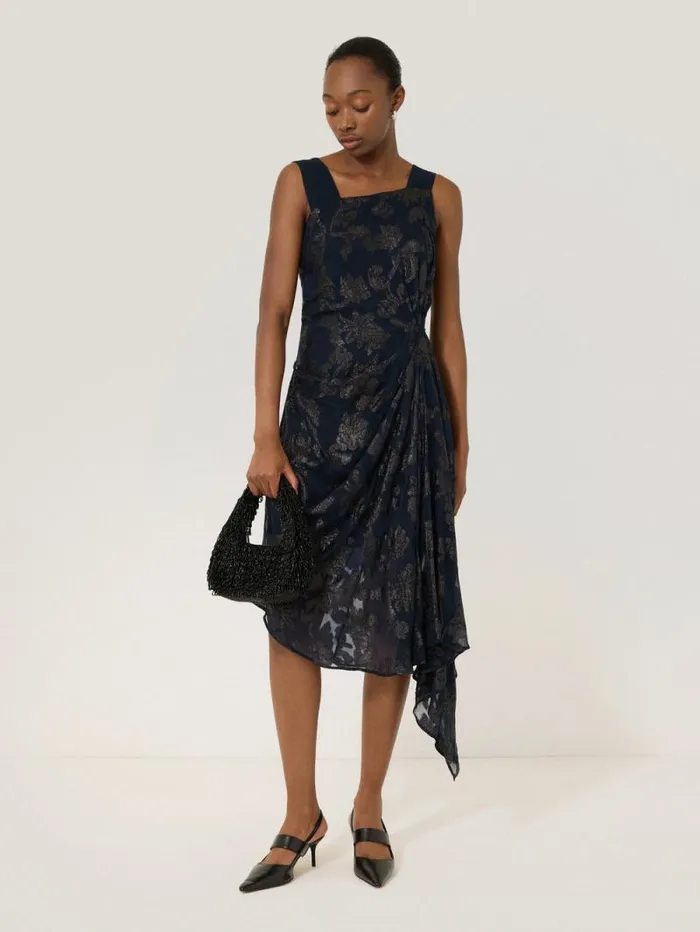 Metallic Jacquard Drape Dress Navy Women Jigsaw Party