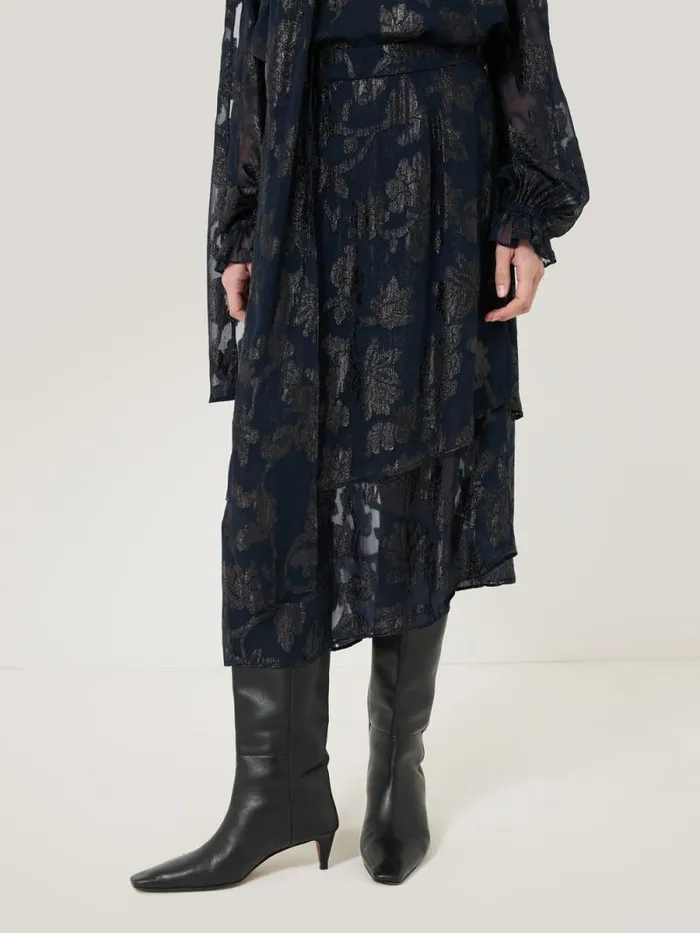 Metallic Jacquard Midi Skirt Navy Women Jigsaw Party
