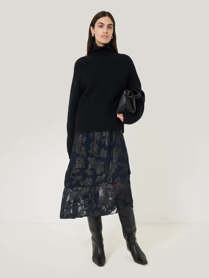 Metallic Jacquard Midi Skirt Navy Women Jigsaw Party