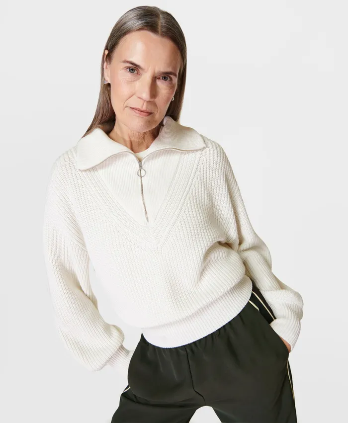Modern Collared Knitted Jumper Lily White Knitwear Sweaty Betty Women