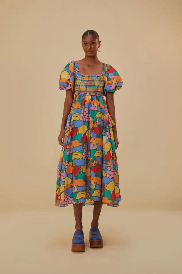 Multicolor Fruit Landscape Short Sleeve Midi Dress Women FARM Rio Midi Dresses