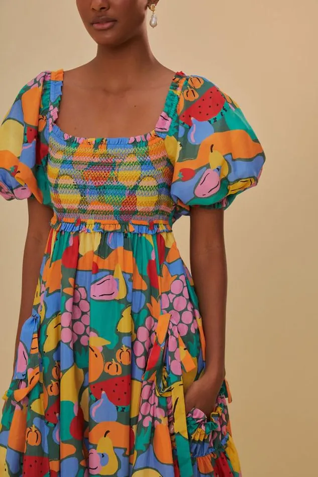 Multicolor Fruit Landscape Short Sleeve Midi Dress Women FARM Rio Midi Dresses