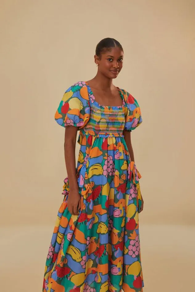 Multicolor Fruit Landscape Short Sleeve Midi Dress Women FARM Rio Midi Dresses