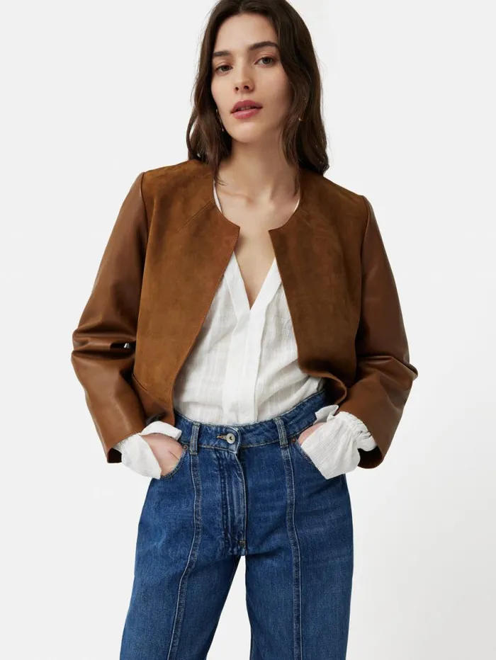 Nakoa Leather Mix Jacket Tan Women Jigsaw Leather