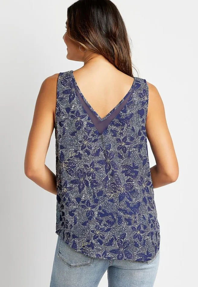 Navy Floral Sheer Inset V Neck Tank Top Women Maurices Tops