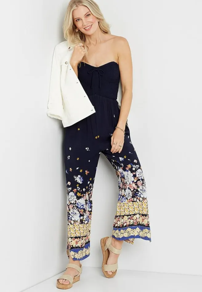 Navy Floral Strapless Smocked Jumpsuit Women Maurices Dresses and Jumpsuits