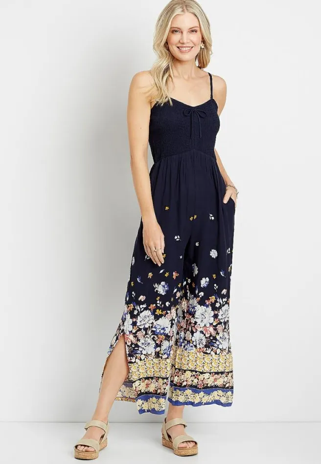 Navy Floral Strapless Smocked Jumpsuit Women Maurices Dresses and Jumpsuits