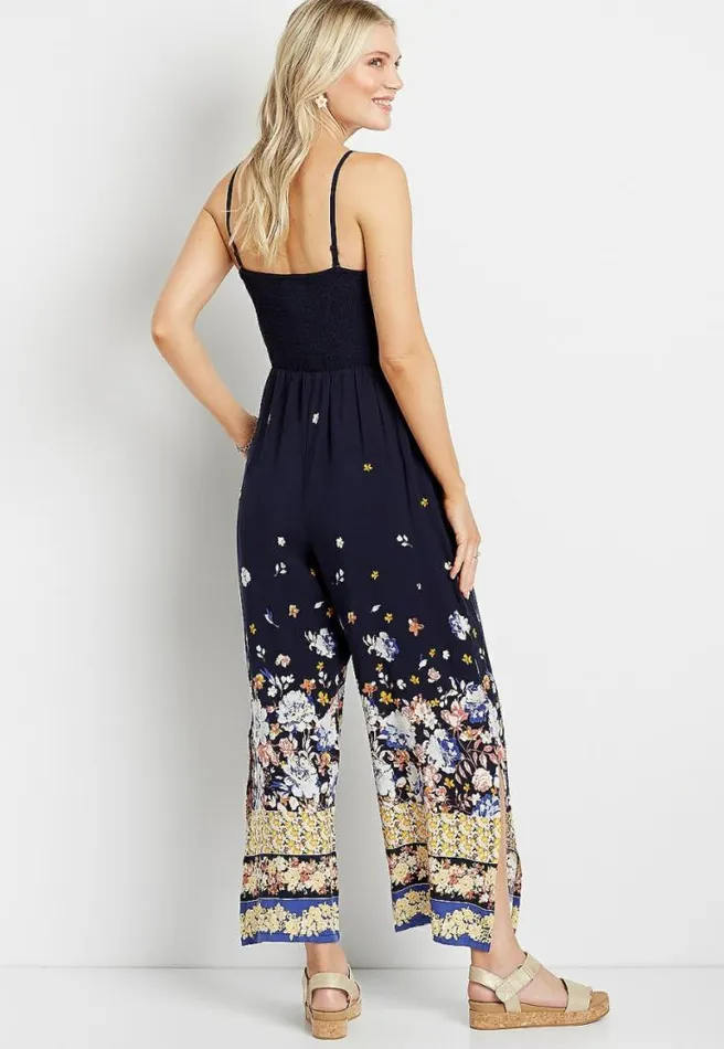 Navy Floral Strapless Smocked Jumpsuit Women Maurices Dresses and Jumpsuits