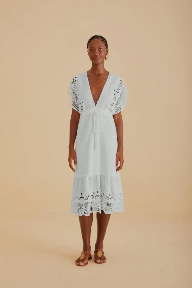 OffWhite Embroidered Guipure Euroflax Premium Linen Midi Dress Women FARM Rio Midi Dresses