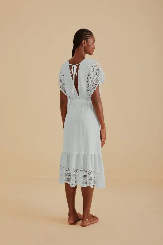 OffWhite Embroidered Guipure Euroflax Premium Linen Midi Dress Women FARM Rio Midi Dresses