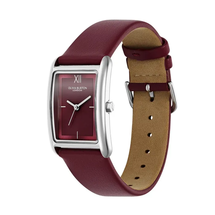 Olivia Burton Classic Watches Women 23mm Grove Silver and Cranberry Leather Strap Watch