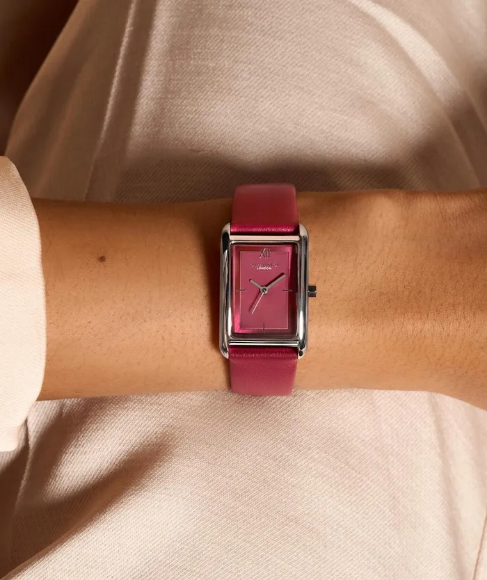 Olivia Burton Classic Watches Women 23mm Grove Silver and Cranberry Leather Strap Watch
