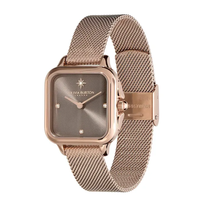 Olivia Burton Color Dial Watches Women 28mm Grosvenor Mushroom and Carnation Gold Mesh Watch