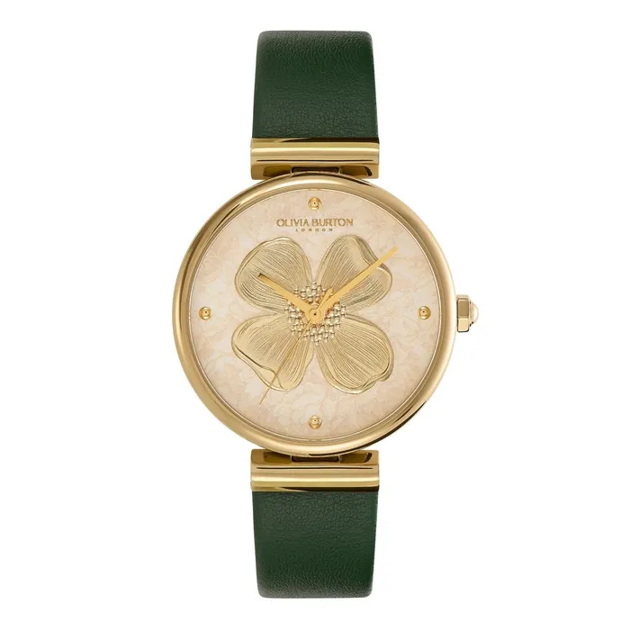 Olivia Burton Floral Watches Women 36mm Dogwood TBar Gold and Green Leather Strap Watch