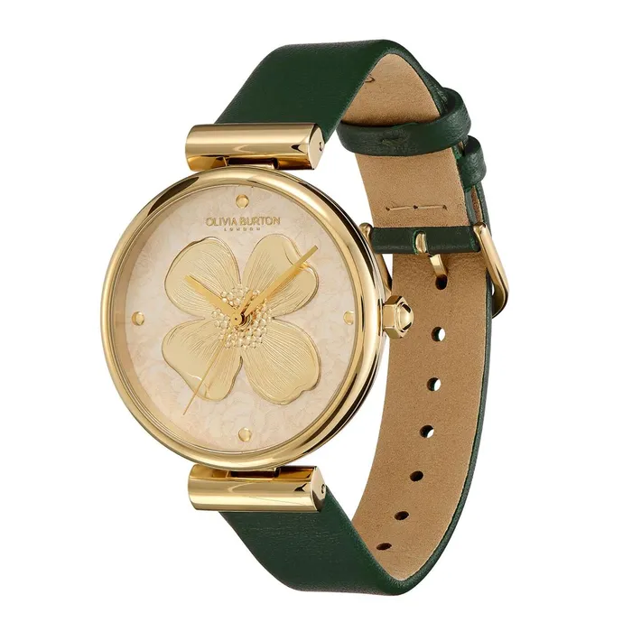 Olivia Burton Floral Watches Women 36mm Dogwood TBar Gold and Green Leather Strap Watch