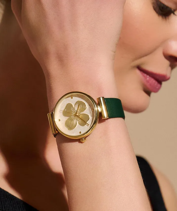 Olivia Burton Floral Watches Women 36mm Dogwood TBar Gold and Green Leather Strap Watch