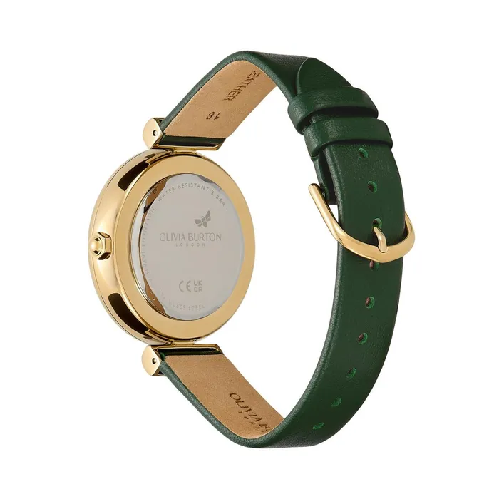 Olivia Burton Floral Watches Women 36mm Dogwood TBar Gold and Green Leather Strap Watch