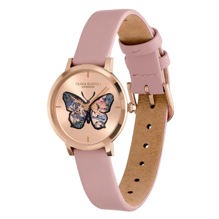 Olivia Burton Signature Watches Women 28mm Butterfly Ultra Slim Rose Gold and Mellow Rose Leather Strap Watch