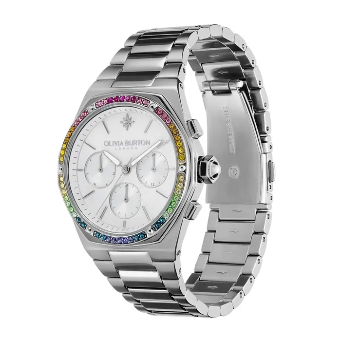 Olivia Burton Sports Luxe Watches Women 38mm Hexa MultiFunction Rainbow and Silver Bracelet Watch