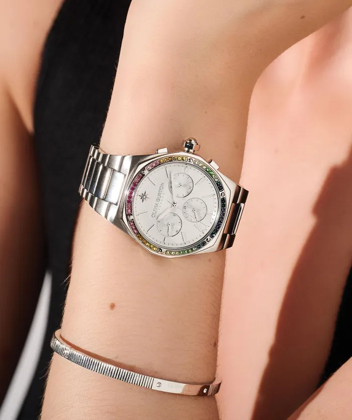 Olivia Burton Sports Luxe Watches Women 38mm Hexa MultiFunction Rainbow and Silver Bracelet Watch