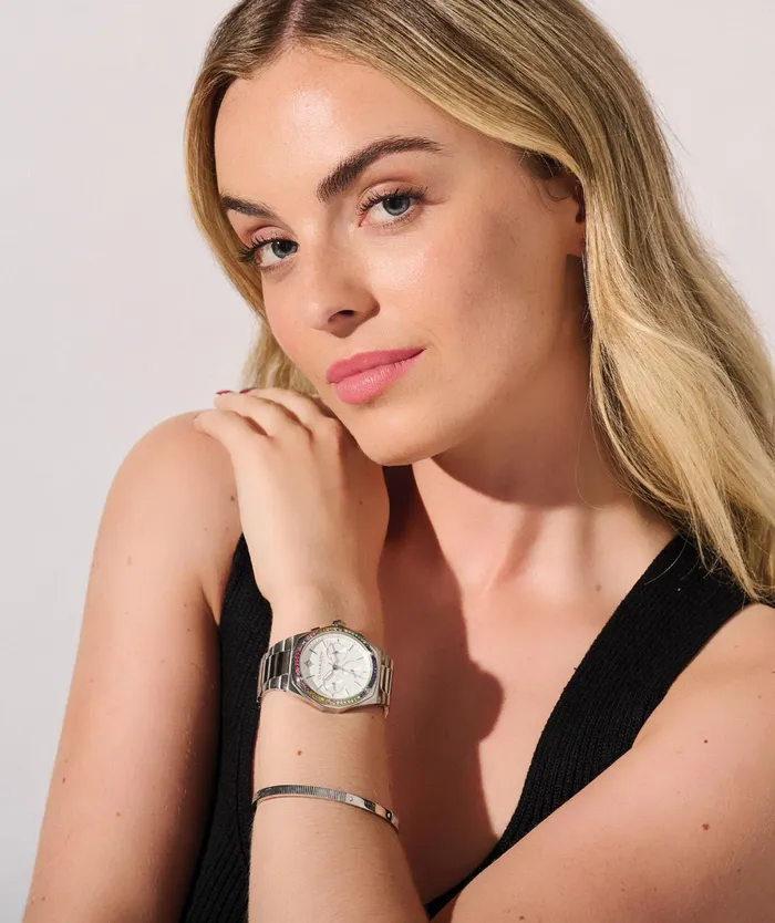 Olivia Burton Sports Luxe Watches Women 38mm Hexa MultiFunction Rainbow and Silver Bracelet Watch