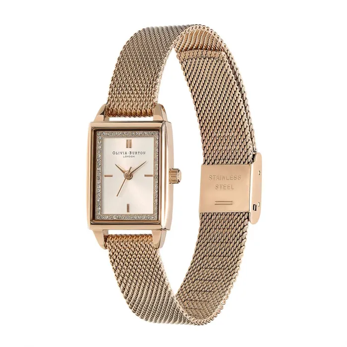 Olivia Burton White Dial Watches Women 21mm Rectangle White and Carnation Gold Mesh Watch