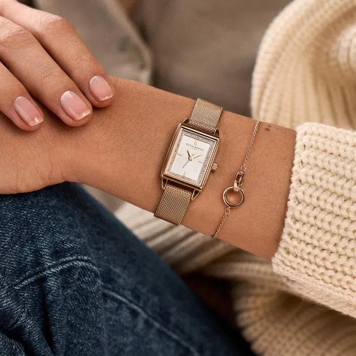 Olivia Burton White Dial Watches Women 21mm Rectangle White and Carnation Gold Mesh Watch