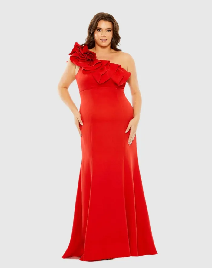 One Shoulder Ruffle Detailed Gown Plus Red Plus Size Dresses Mac Duggal Women